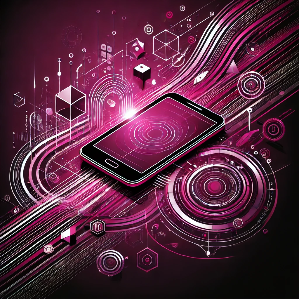 Abstract digital artwork in magenta and black representing mobile app development with interconnected shapes, a stylized smartphone, and flowing lines conveying connectivity and innovation.