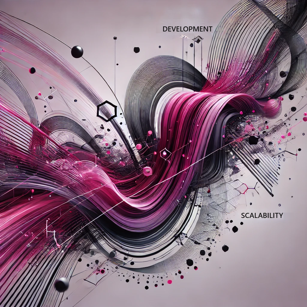 Abstract digital artwork in magenta and black, representing custom software development, scalability, and integration.