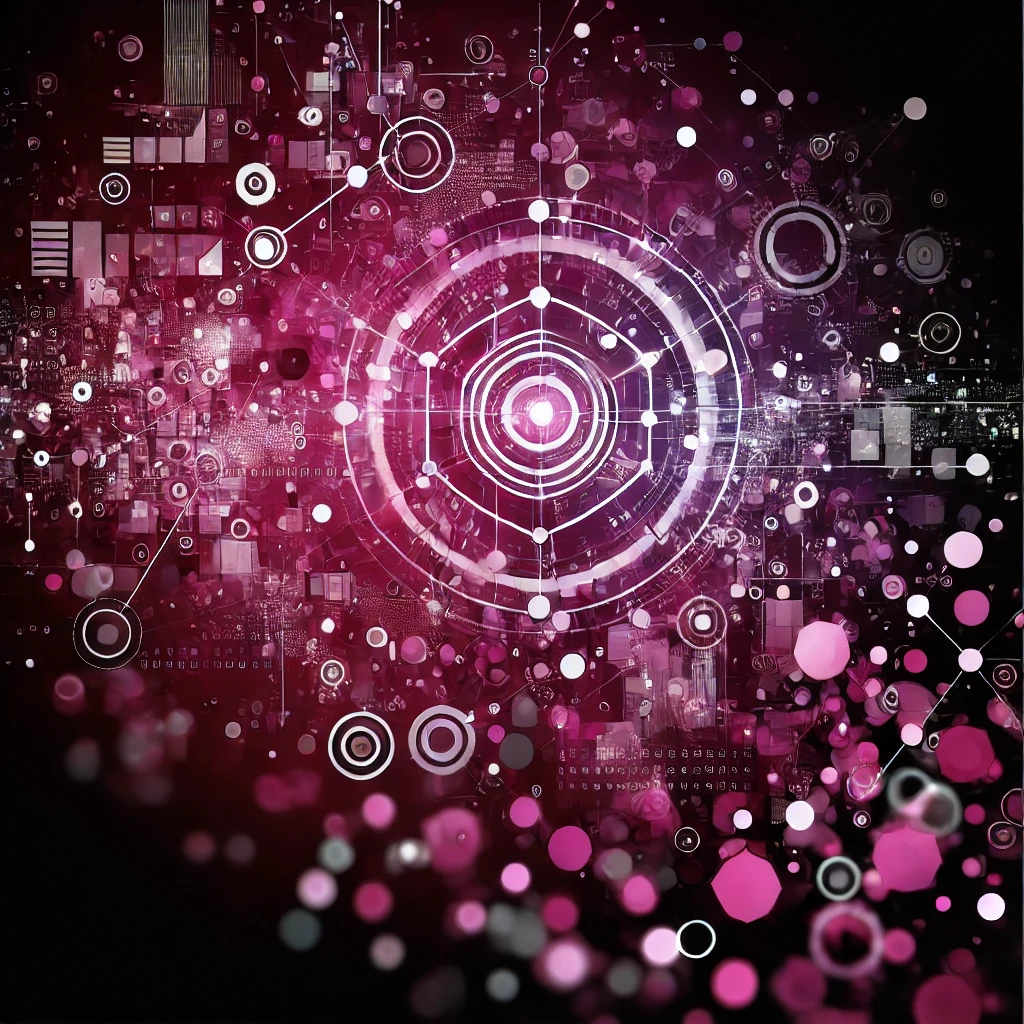 Abstract digital artwork in magenta and black representing the seamless integration of business systems and applications, featuring interconnected shapes symbolizing data flow and collaboration.