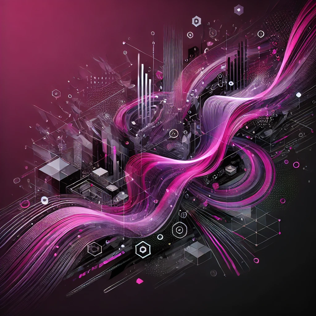 Abstract digital art in magenta and black, symbolizing consulting services in the tech industry with dynamic, flowing lines and geometric shapes.