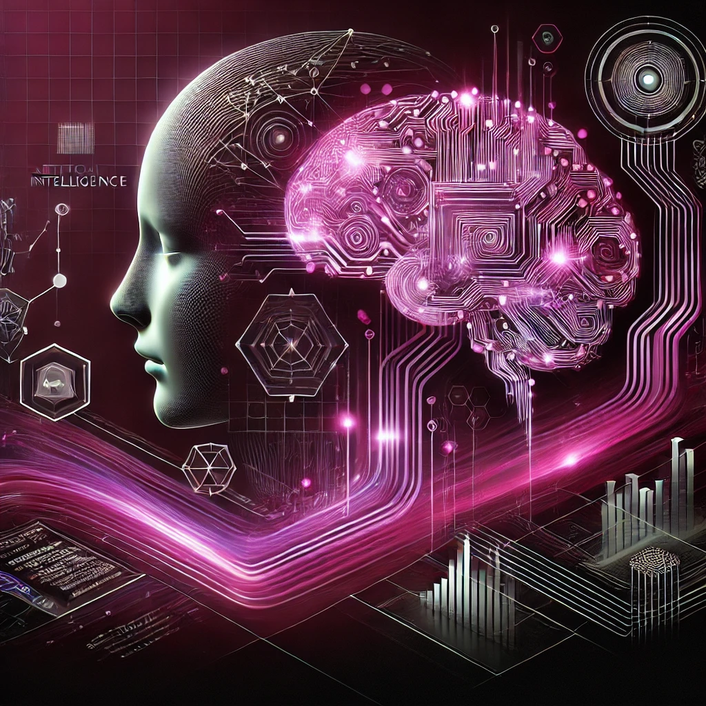 Photorealistic digital artwork in magenta and black, depicting the integration of Artificial Intelligence and Machine Learning with elements representing data flow, neural networks, and futuristic technology interfaces.