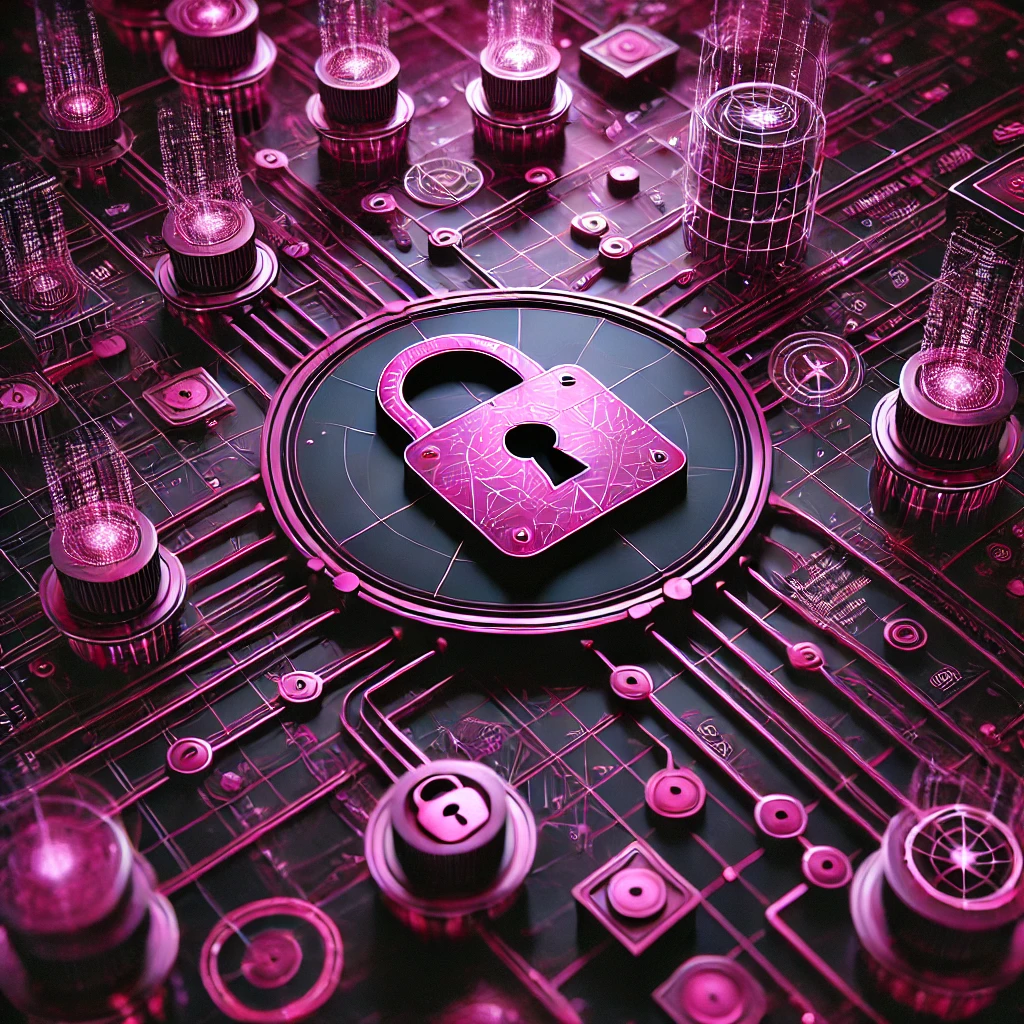 Photorealistic artwork in magenta and black representing cybersecurity, featuring interconnected digital elements with secure locks symbolizing data protection.