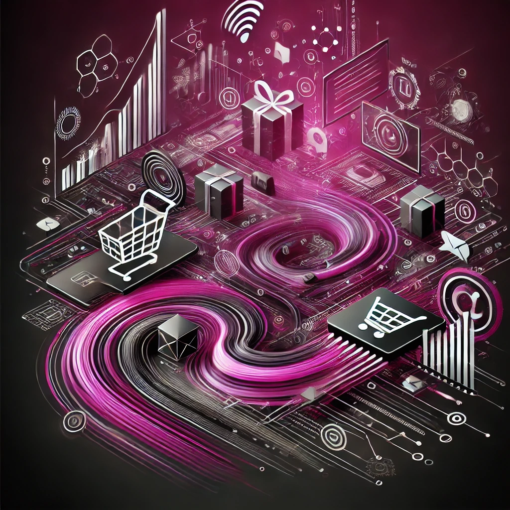 An abstract digital artwork in magenta and black, symbolizing the elements of e-commerce development with dynamic lines and shapes representing online shopping and data flow.