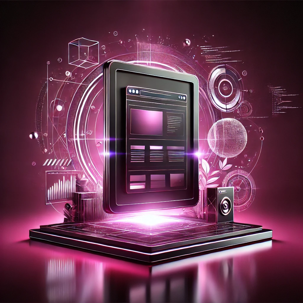 Photorealistic digital artwork in magenta and black representing modern web design and development, featuring a sleek computer screen displaying a website with abstract elements symbolizing creativity, coding, and digital connectivity.